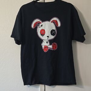 Hot Topic Black Tee with Red and White Bunny Design